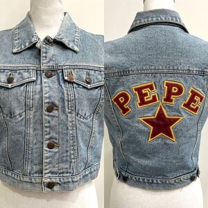 Vintage 1990s PEPE Jeans sleeveless denim vest varsity style brand patch medium
